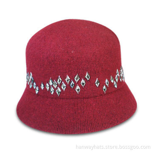 Women's Fashion Wool Knit Microbrim Hat with Diamond-shaped Stones Around the Crown